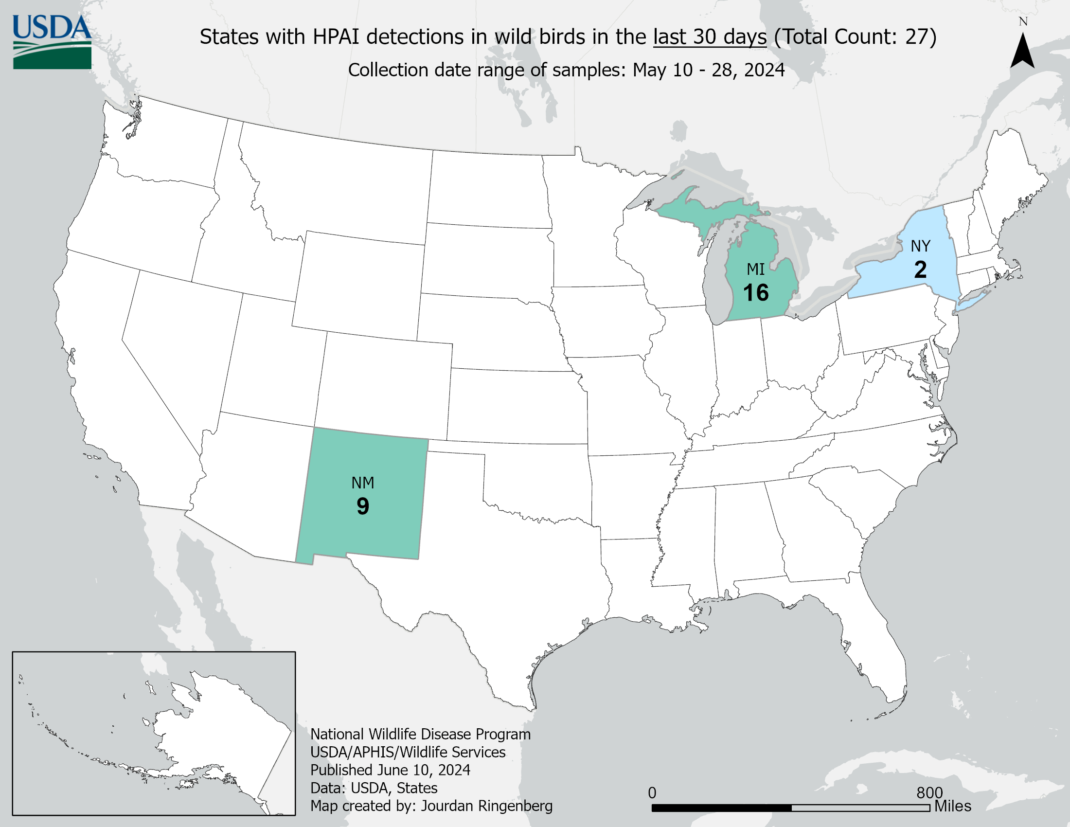 map showing States with HPAI detections in wild birds in the last 30 days