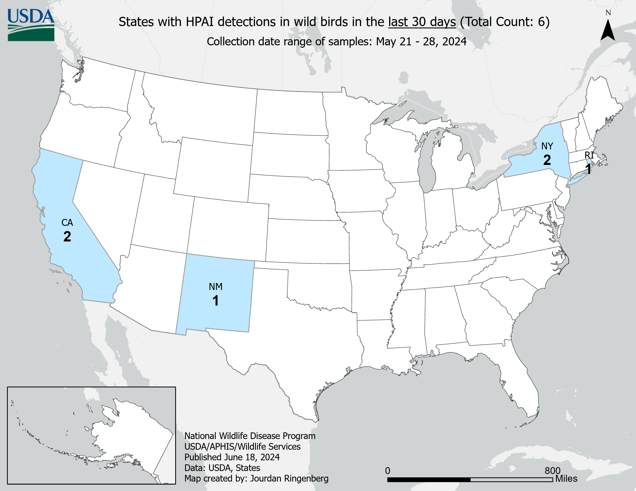 map showing States with HPAI detections in wild birds in the last 30 days