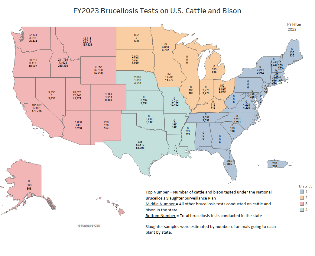 map of FY2023 brucellosis tests on US cattle