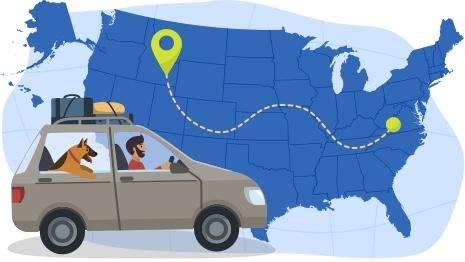 A cartoon of a person and his dog in a car, loaded with suitcases. The car is superimposed over a map-like image of the United States, indicating they are traveling domestically.
