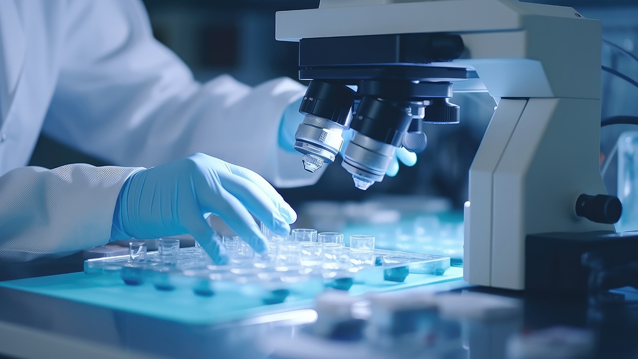 A laboratory technician uses a microscope to examine reagents