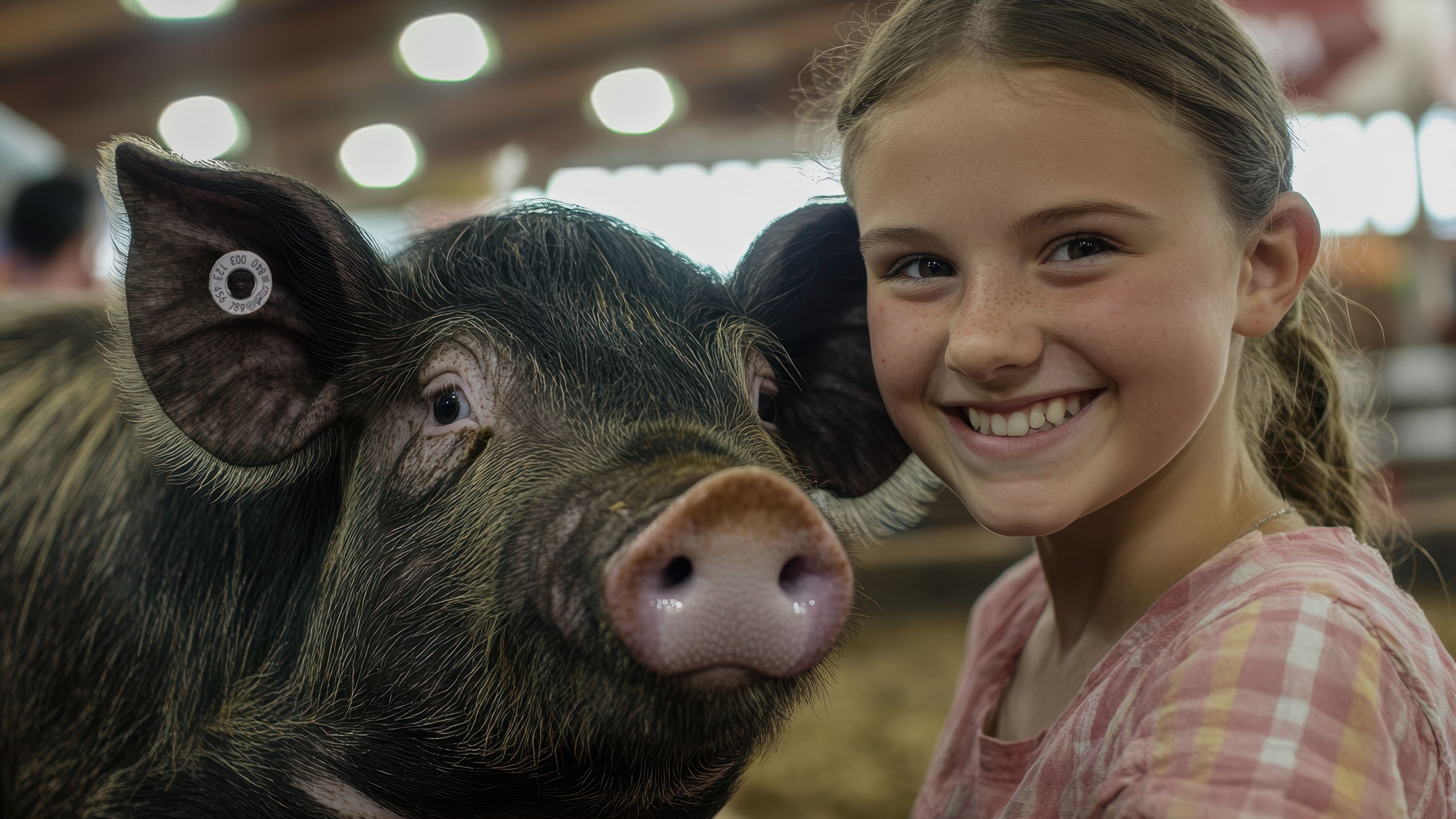 Girl next to a pig with black-brown fur.