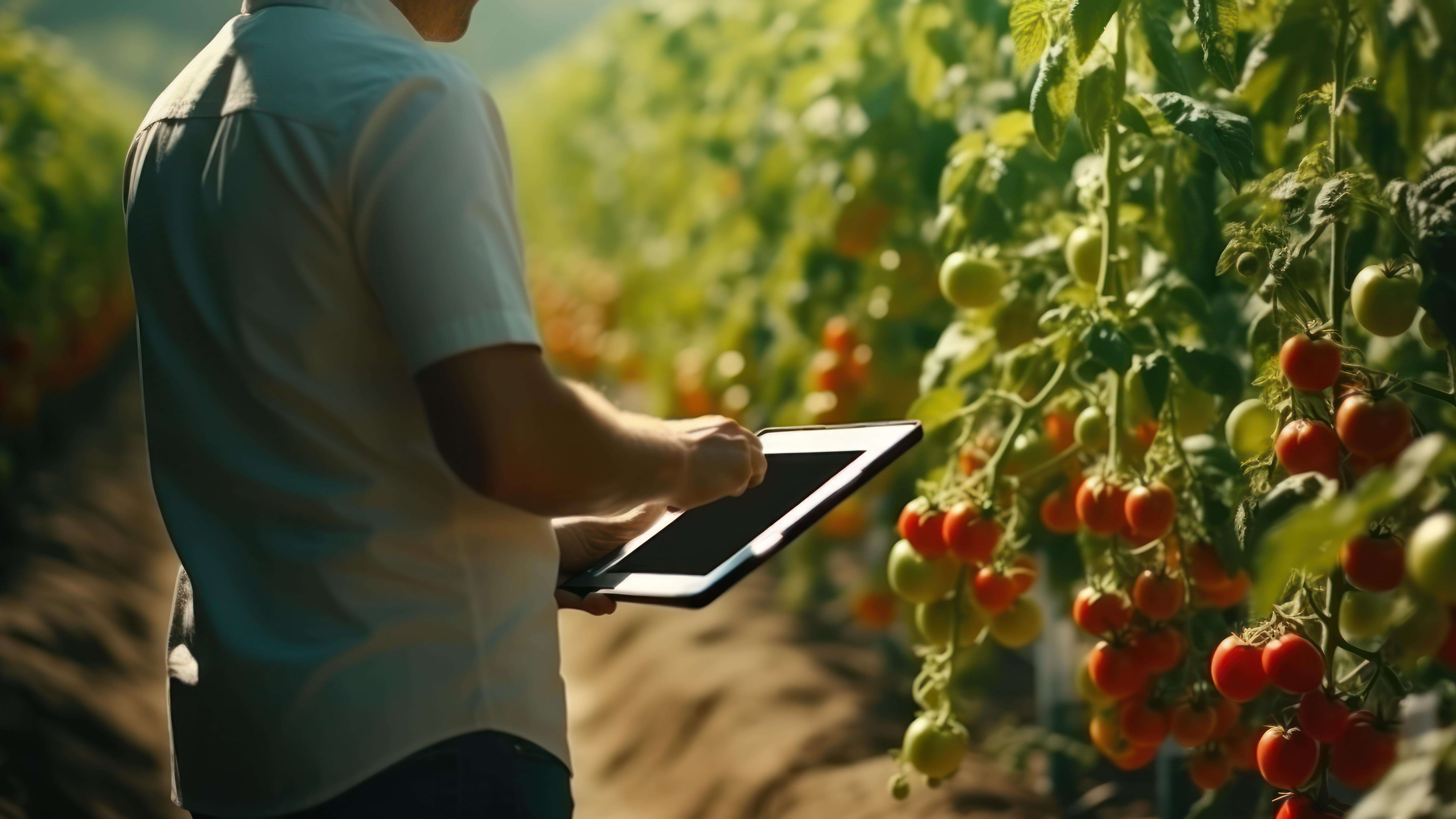 person holding a tablet standing next to a row of tomato crops