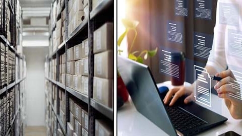 Library and close up of person using a laptop