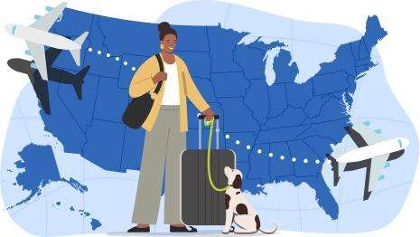 A cartoon woman shows a woman with a suitcase and a dog on a leash. She is standing in front of a map-like image of the United States with two planes flying away from it, representing travel out of the country