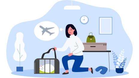 A cartoon image of a woman in her home preparing to travel. She is kneeling down to pick up her cat in a carrier and a thought bubble shows her thinking of an airplane.