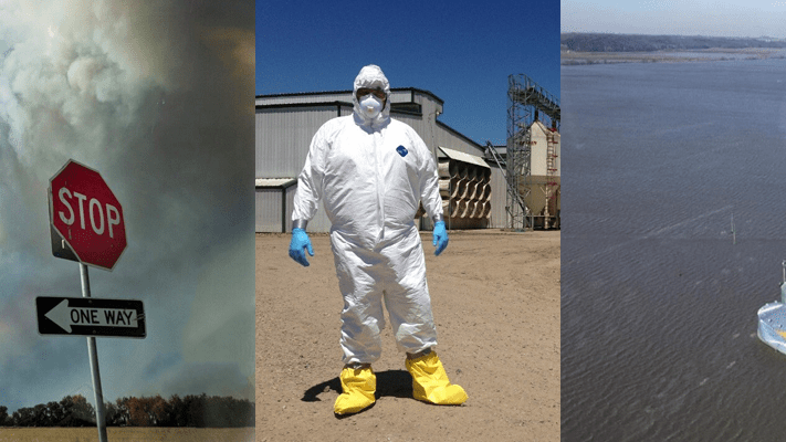 banner showing natural disasters and man in a hazmat suit