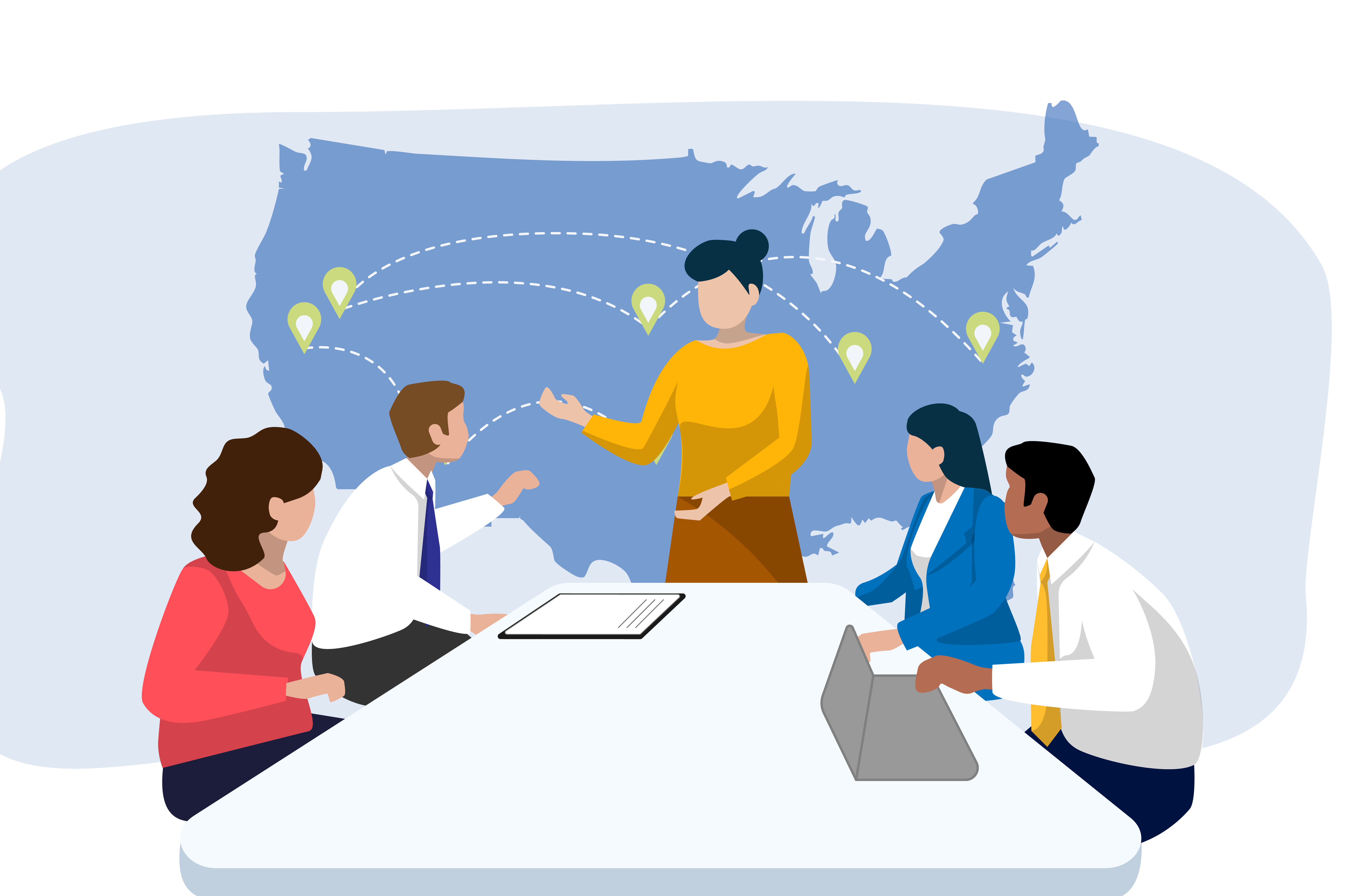 illustration of people working around a conference table with U.S. map in background