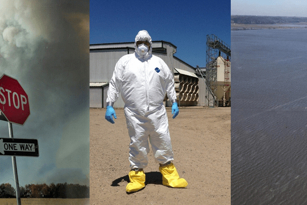 banner showing natural disasters and man in a hazmat suit