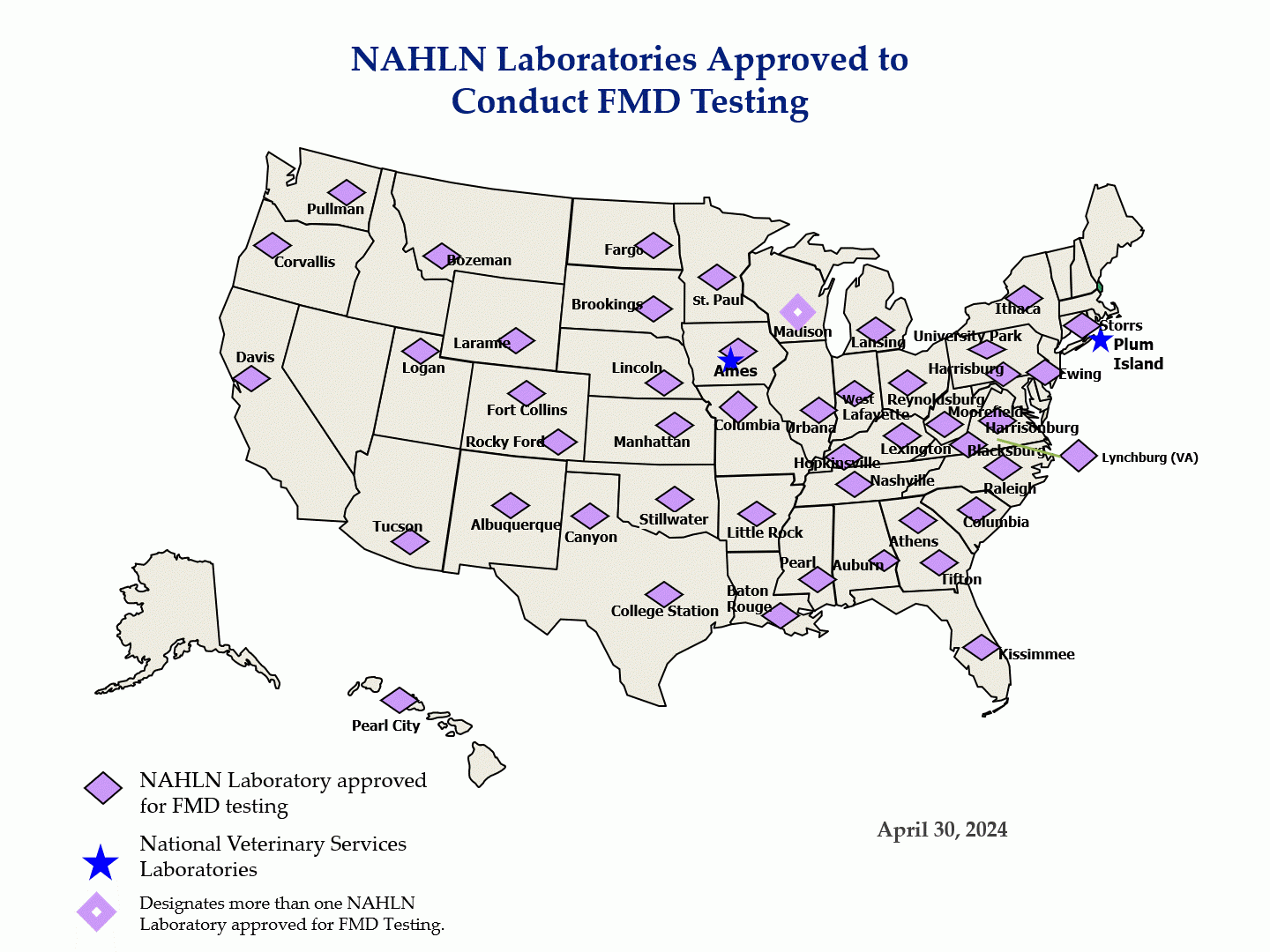 U.S. map showing locations of NAHLN laboratories approved to conduct FMD testing
