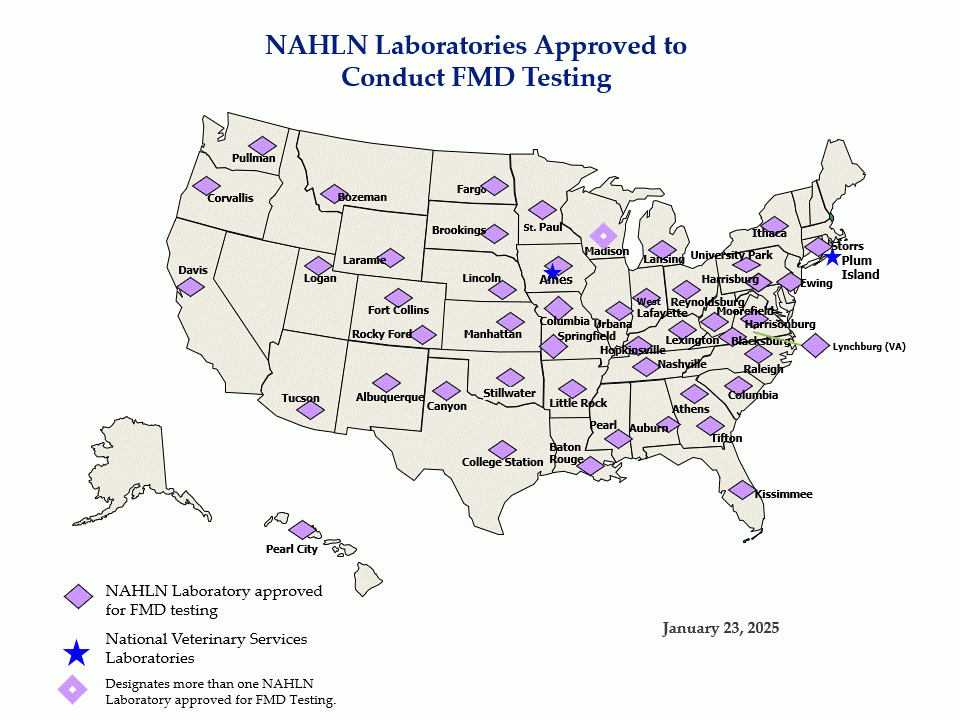 U.S. map showing locations of NAHLN laboratories approved to conduct FMD testing