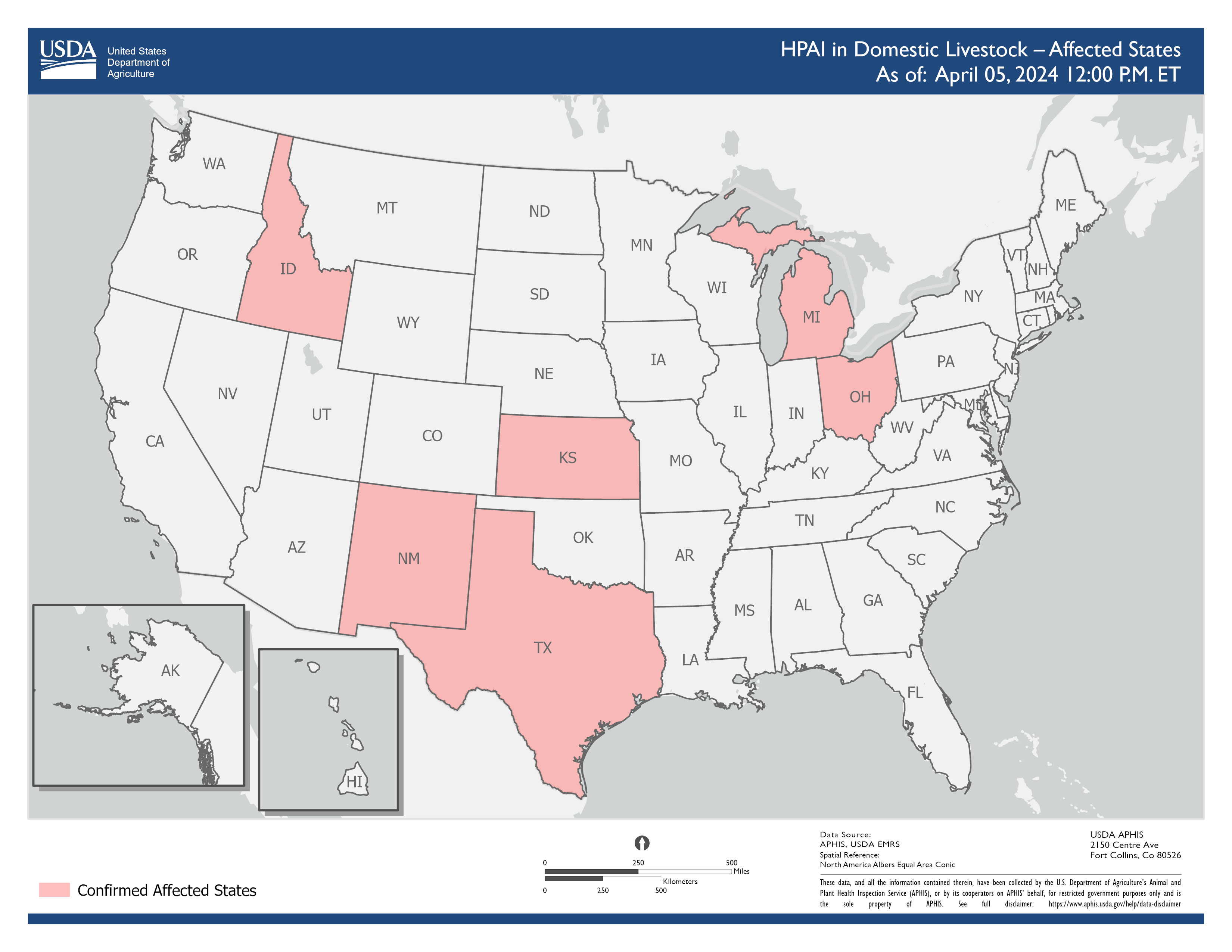 U.S. map showing states where HPAI has been detected in livestock