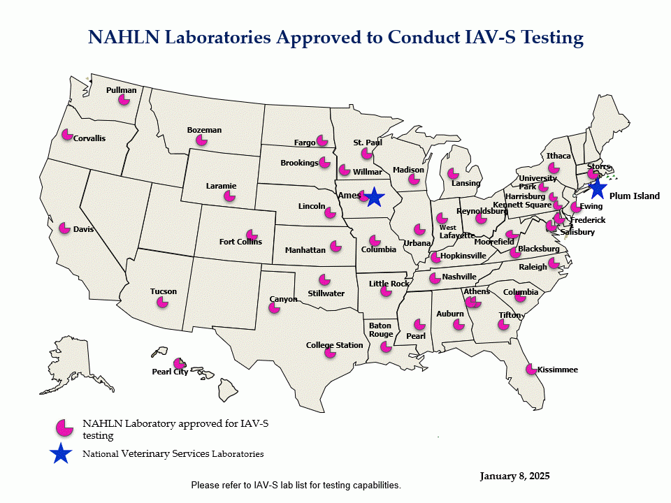 United States map showing locations of labs approved for influenza A virus in swine testing