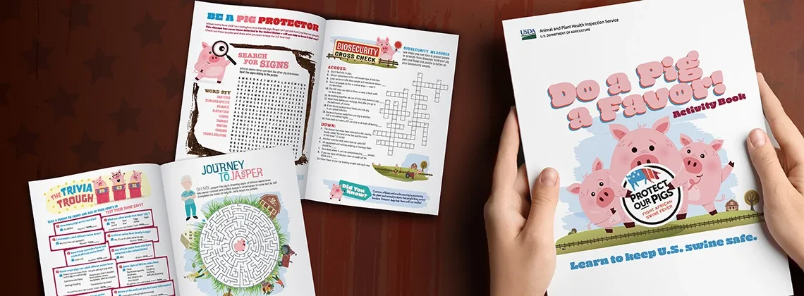 pig themed activity books on a table