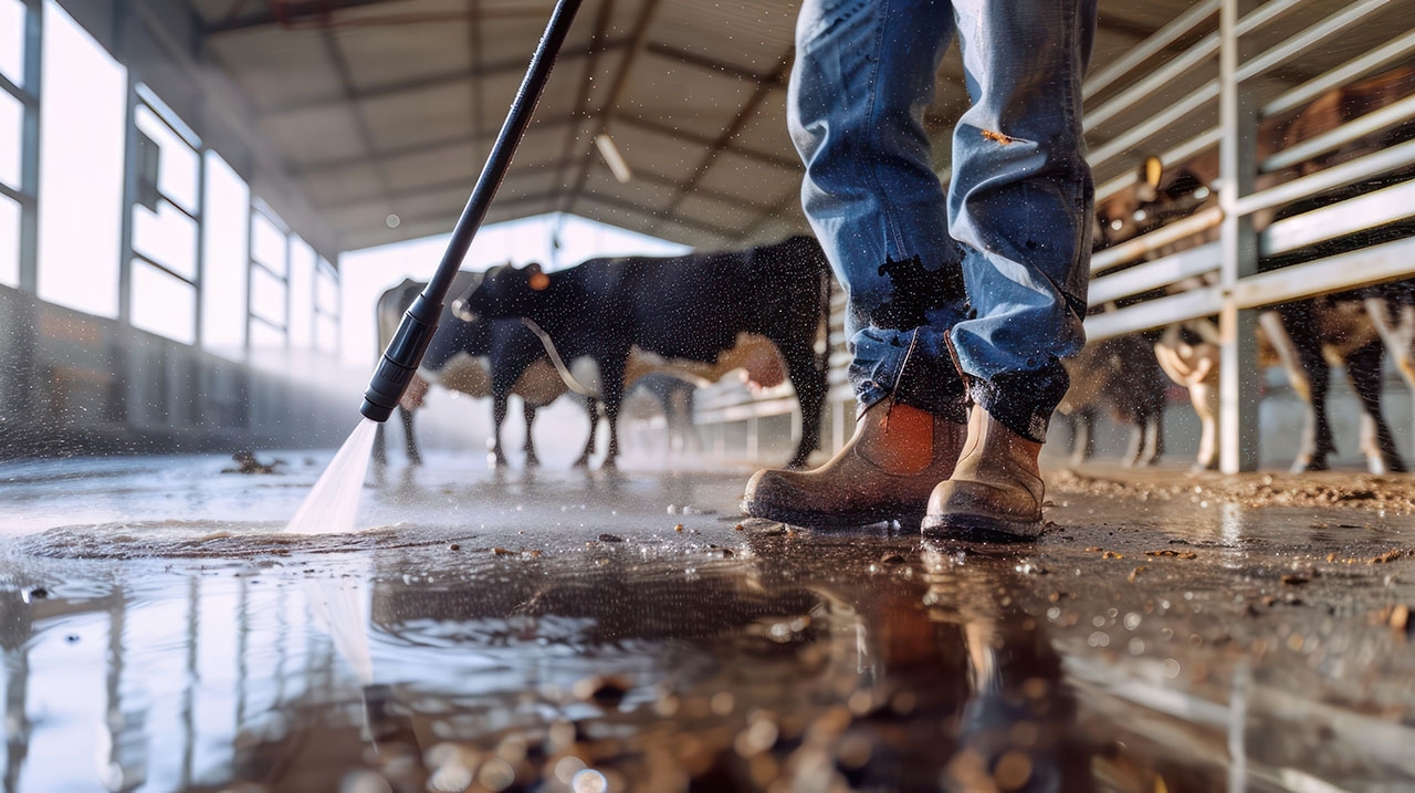 close up of person's boots in cattle barn spraying hose on floor