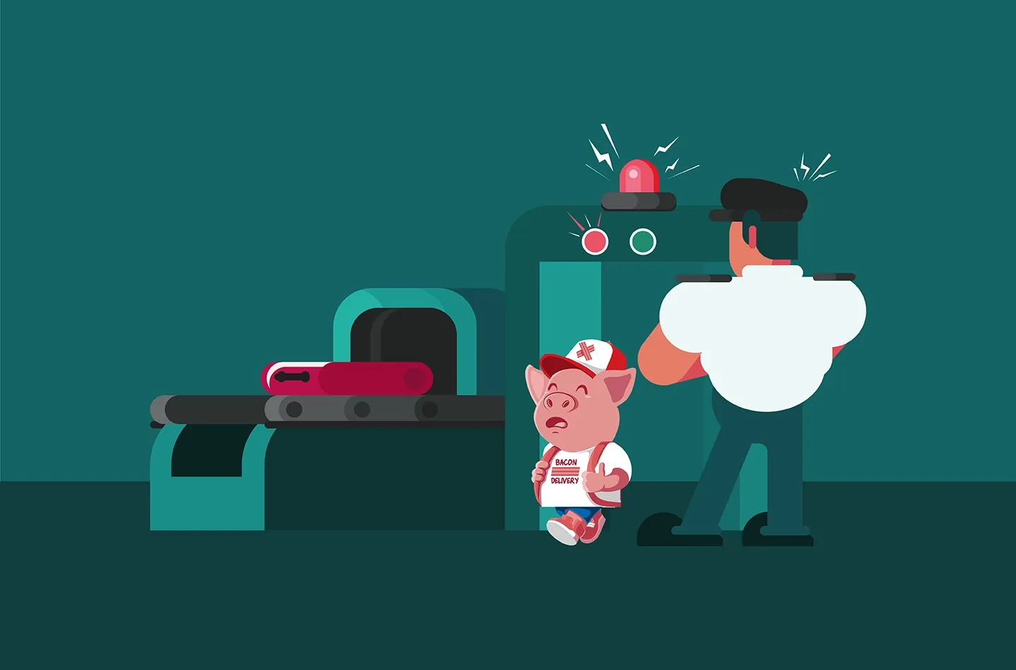 graphic of an airport security guard and a pig dressed in clothes