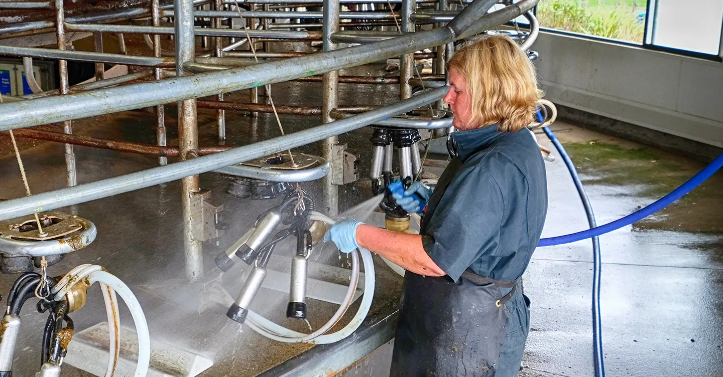 person cleaning dairy farm equipment with a spray hose