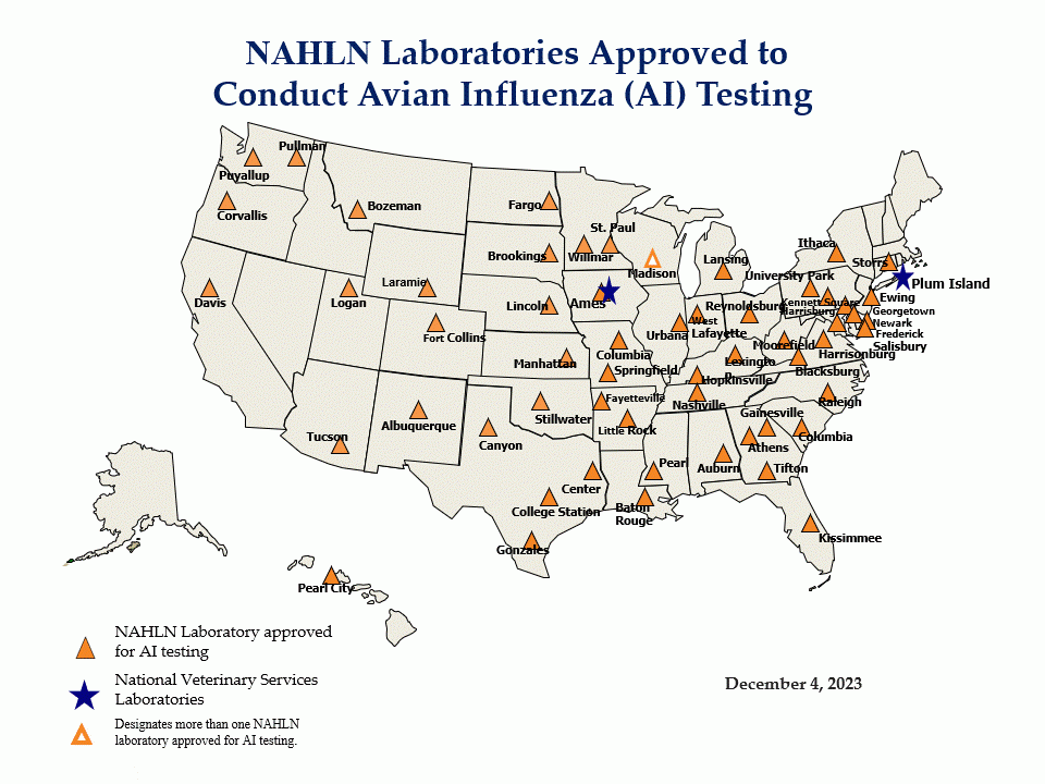 map of NAHLN Laboratories Approved to Conduct Avian Influenza (AI) Testing