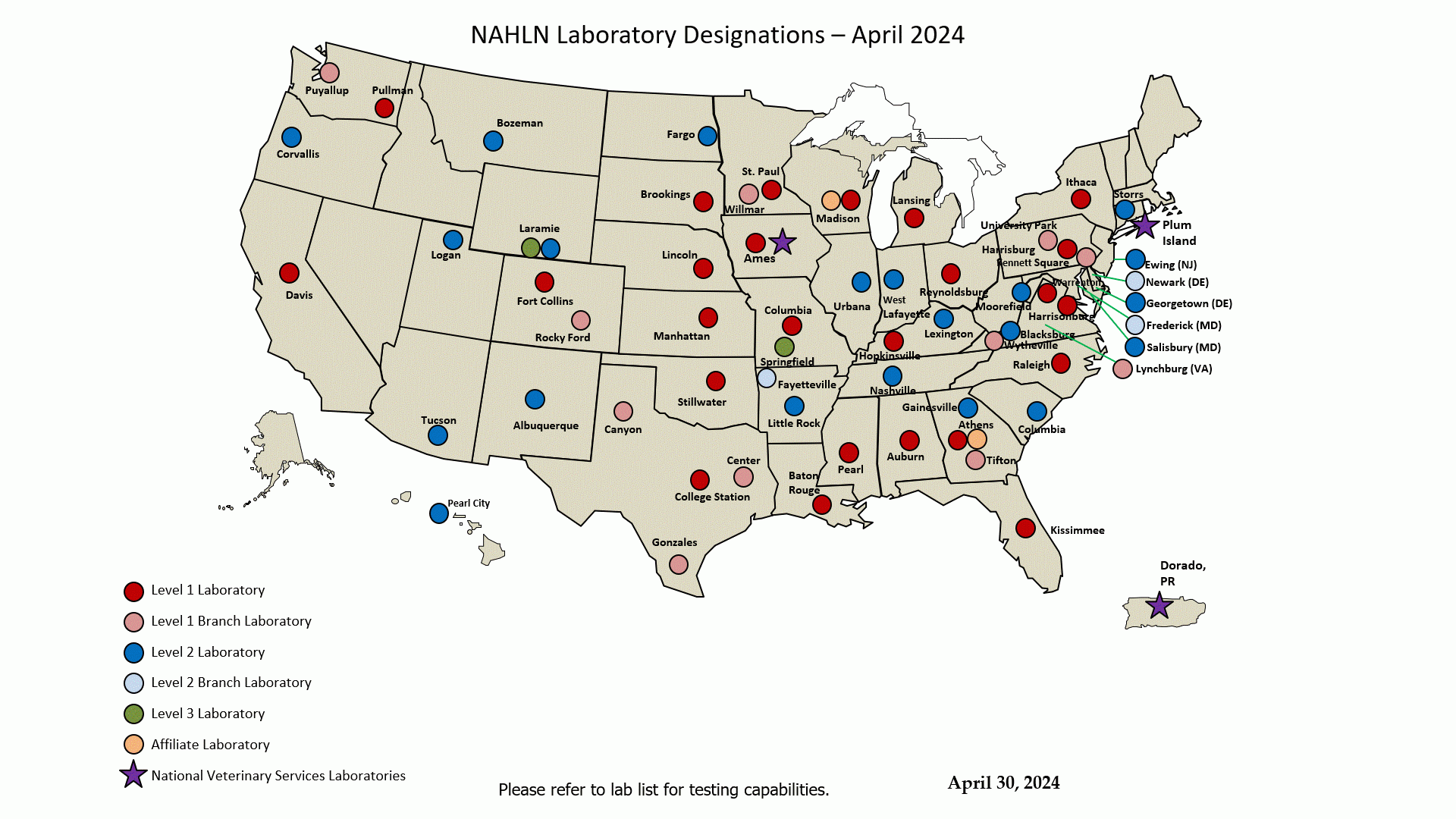 US map showing locations and designations of all NAHLN laboratories