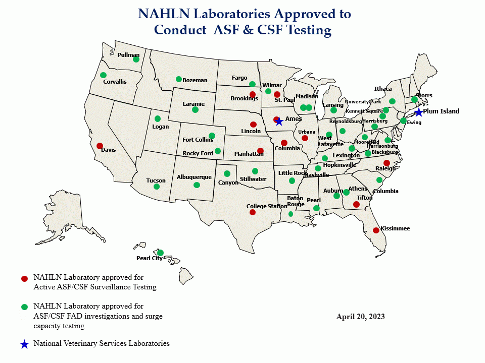 map of NAHLN Laboratories Approved to Conduct ASF and CSF Testing