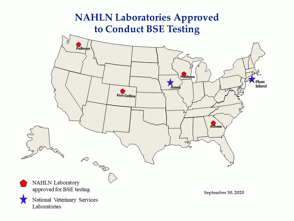 map of NAHLN Laboratories Approved to Conduct BSE Testing