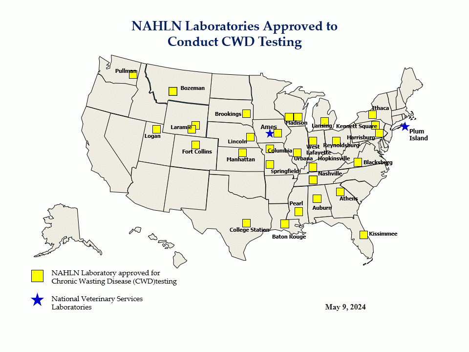 map of NAHLN Laboratories Approved to Conduct CWD Testing