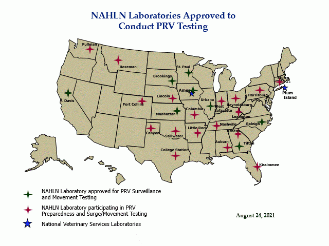 map of NAHLN Laboratories Approved to Conduct PRV Testing