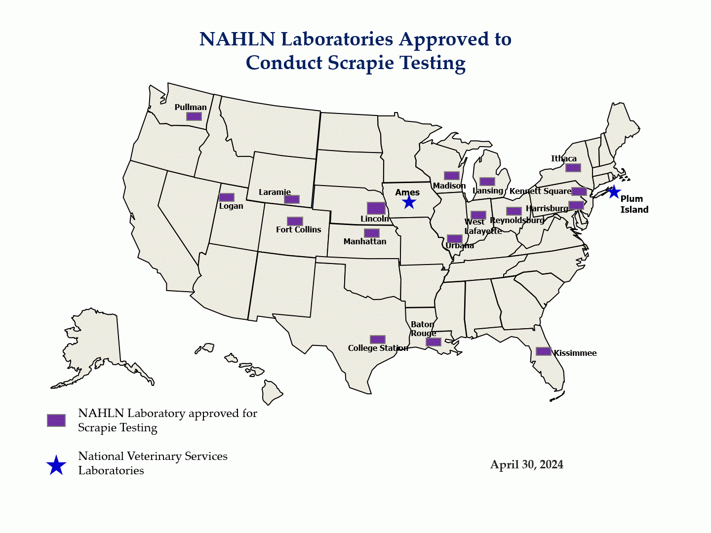 map of NAHLN Laboratories Approved to Conduct Scrapie Testing