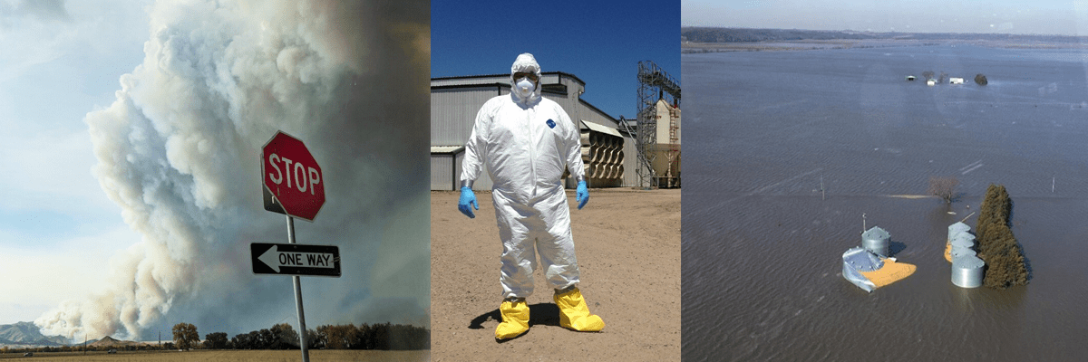 banner showing natural disasters and man in a hazmat suit