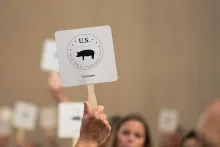 Person holding up a voting paddle at House of Delegates meeting