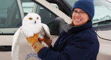 woman in winter clothing and gloves holding a white owl